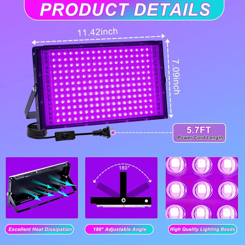 Akpgf Store 4 Pack 200W Black Light, LED Blacklight with US Plug and Switch, Black Lights for Glow and Neon Parties, Halloween, Body Painting, Birthday Party, Fluorescent Painting and Tapestry - Image 4